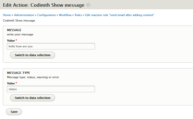 how to use show message action